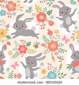 Spring floral pattern with cute rabbits.