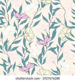 Spring floral pattern with daisies in pastel colors. Vector seamless wildflowers print hand drawn.