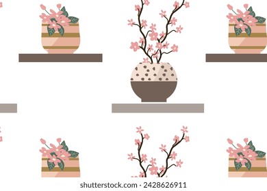 spring floral pattern with flowers and branches in pots. Vector illustration in old money style. Golden decoration on pots and spring branch and cherry flowers