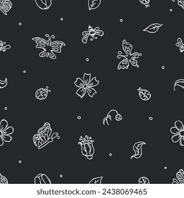 Spring floral pattern with flowers, butterflies, bees and ladybugs. Seamless flowers background