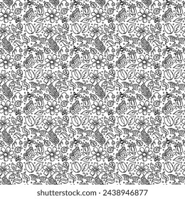 Spring floral pattern with flowers, butterflies, bees and ladybugs. Seamless flowers background