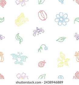 Patrón floral de primavera con flores, mariposas, abejas y mariquitas. Fondo de flores sin costura