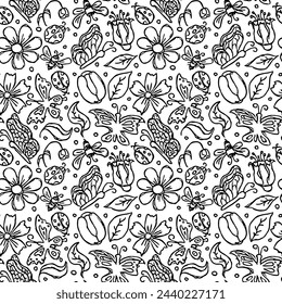 Spring floral pattern with flowers, butterflies, bees and ladybugs. Seamless flowers background