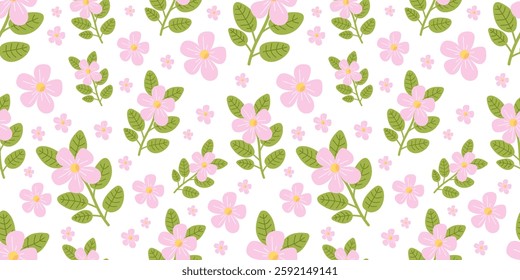 Spring Floral pattern with hand-drawn pink flowers and green leaves on white background. Cute illustration in soft pastel colors and vector flat style. For prints, wrapping paper, cards.