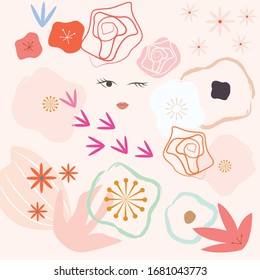 Сontemporary Spring Floral Pattern. Hand-drawn vector illustration. Spring flowers on background. Great for greeting card, surface design, packaging and textile pattern.