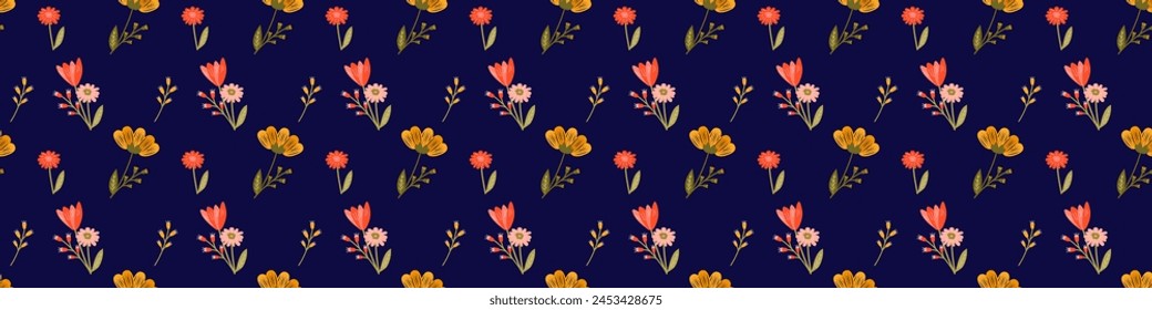 Spring floral pattern on dark blue background. Vector set of spring flowers for your design. Vector EPS 10