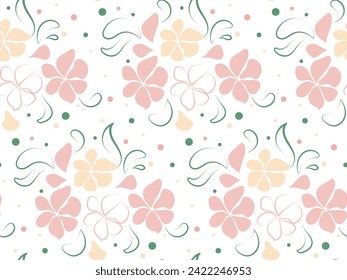 Spring floral pattern. Seamless vector pattern in flat style. Stylish pink and yellow flowers with green leaves. Cute background for cards, textiles, covers, banners, invitations, wrapping paper