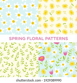 Spring floral pattern set. Flat hand drawn garden flowers on cute light background. Nice bloom prints for fabric, textile, wrapping. Daffodils, peony, daisy, tulip, dandelion and leaves.