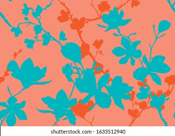 Spring floral pattern. Silhouette of spring flowering magnolia branches on an pink background. Vector illustration