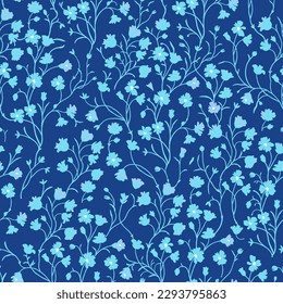 Spring floral pattern of turquoise flowers on a blue background.