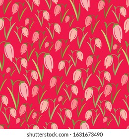 spring floral pattern with unopened pink buds on a red background, vector, illustration. For the design of textiles, paper, wallpaper.
