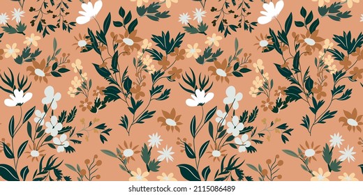 Spring floral pattern with various wildflowers on a pastel coral pink background. Beautiful botanical print with blossom, leaves, meadow grasses. Vector illustration.