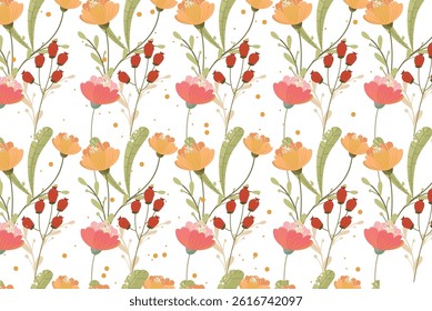 Spring Floral Pattern with Vibrant Roses, Poppies, and Wildflowers