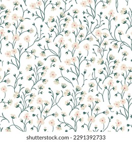 Patrón floral primaveral de flores blancas con tallos verdes sobre un fondo blanco.