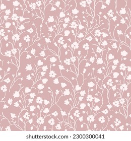 Spring floral pattern of white flowers and twigs on a pale pink background.