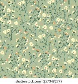 Spring floral pattern of yellow flowers with green stems on a green background.