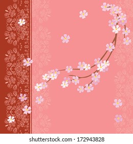 Spring floral  postal with cherry blossom. Background with lace patterns.