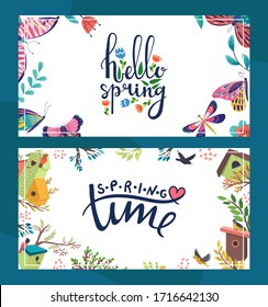 Spring floral postcard vector illustration. Hello spring template poster with decorative butterfly. Spring time seasonal bird nesting box. Beautiful greeting flyer, nature element on white background.