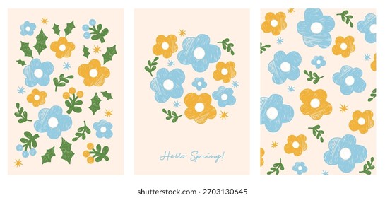 Conjunto de póster floral de primavera. Flores azules amarillas del crayón en fondo claro. Dibujos de tiza dibujados a mano con textura. Tarjetas de patrón de vacaciones primitivas aisladas. Ilustración vectorial de Vertical. No es IA