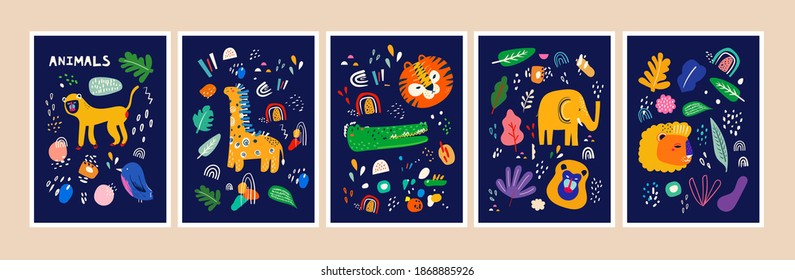 Spring floral posters with abstract shapes, flowers and animals. Baby animals posters. Fabric pattern. Vector illustration with cute animals. Nursery baby prints illustration