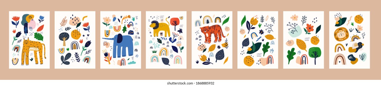 Frühlingsblumen-Plakate mit abstrakten Formen, Blumen und Tieren. Kinderanimationsplakate. Stoffmuster. Vektorgrafik mit süßen Tieren. Babydruckgrafik von Nursery