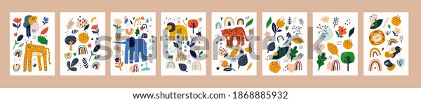 Spring floral\
posters with abstract shapes, flowers and animals. Baby animals\
posters. Fabric pattern. Vector illustration with cute animals.\
Nursery baby prints\
illustration