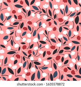 Spring floral print with Tulip flowers and leaves scattered randomly on a pastel pink background. Seamless pattern in a simple cute hand-drawn style. Vector illustration.