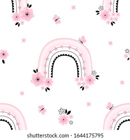 Arcoiris floral primaveral con vectores de mariposa sin fisuras. Doodle decorativo color de agua digital rosado con caramelo pastelo aislado en fondo blanco. Extravagante dibujo infantil para la fiesta de las niñas