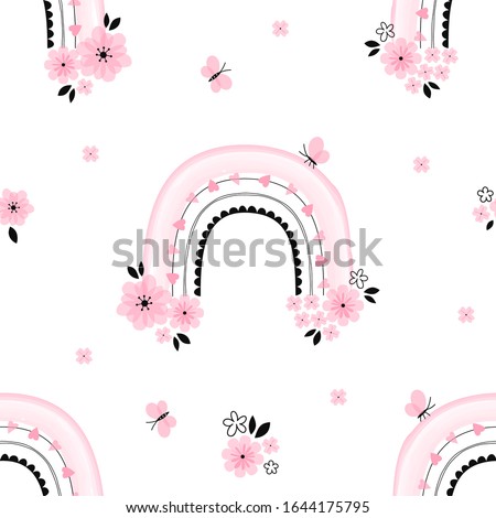 Spring floral rainbow with butterfly vector seamless pattern. Pastel candy pink digital watercolor bow decorative doodle isolated on white background. Whimsical childish drawing for baby girl party