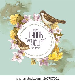 Spring Floral Retro Card with Narcissus, Wildflowers and Bird Sparrows in Vintage Style. Thank You with Place for Your Text, Watercolor Vector Illustration.