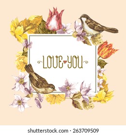 Spring Floral Retro Card with Narcissus, Tulip, Wildflowers and Bird Sparrows in Vintage Style with Place for Your Text, Watercolor Vector Illustration.