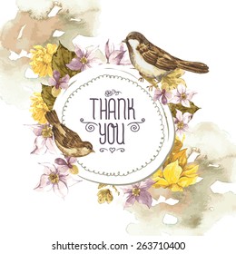 Spring Floral Retro Card with Narcissus, Wildflowers and Bird Sparrows in Vintage Style. Thank You with Place for Your Text, Watercolor Vector Illustration.