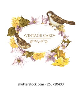 Spring Floral Retro Card with Narcissus, Wildflowers and Bird Sparrows in Vintage Style with Place for Your Text, Watercolor Vector Illustration.