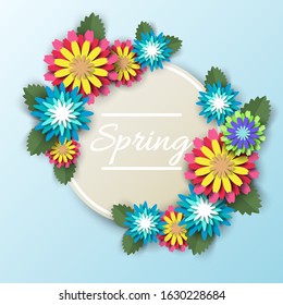 Spring floral round frame, vector illustration in paper art craft style. Beautiful seasonal composition with papercut flowers for card, poster, banner, etc.