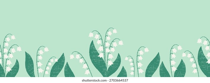 Frühlingsblumen nahtlose Grenze mit weißen Lilien des Tals auf grünem Hintergrund. Handgezeichnete strukturierte Krebse Horizontal Poster-Karte mit Mai Wald Blumen. Vektorgrafik. Keine AI