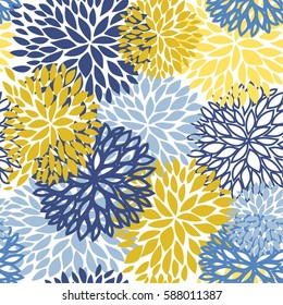 Spring floral seamless pattern. Blue, yellow and navy Chrysanthemum flowers background for web, print, textile, wallpaper design.