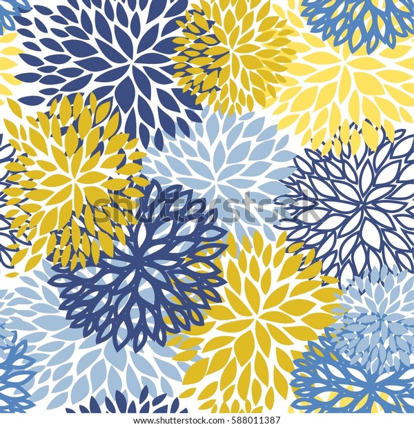 Spring floral seamless pattern. Blue, yellow and navy Chrysanthemum flowers background for web, print, textile, wallpaper design.