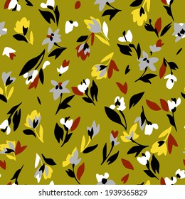 Spring floral seamless pattern. Brush strokes forming stylized blossom flowers and leaves. Simple nature motif in cartoon style. Flat drawing.