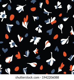 Spring floral seamless pattern. Brush strokes forming stylized blooming meadow daisy flowers and leaves. Simple geometric shapes. Sketch drawing. Nature motif.