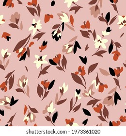 Spring floral seamless pattern. Brush strokes forming stylized blossom flowers and leaves. Simple nature motif in cartoon style. Flat drawing.