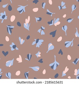 Spring floral seamless pattern. Brush strokes forming stylized blooming meadow daisy flowers and leaves. Simple geometric shapes. Sketch drawing. Nature motif.