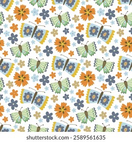 Spring Floral Seamless Pattern, butterflies, abstract seamless pattern with flowers and branches, background graphic design print vector illustration, vintage colors.