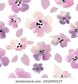 Spring Floral Seamless Pattern with Cherry Sakura Flowers Blossom with Watercolor Texture and Black Dots on white background