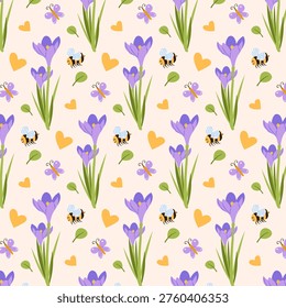 Spring Floral Seamless Pattern with Crocus Flowers, Bees and Butterflies. Hand drawn vector illustrations. Spring Background