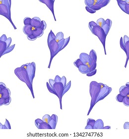 Spring floral seamless pattern with crocuses on white background