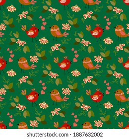 Spring floral seamless pattern with cute daisy and love birds