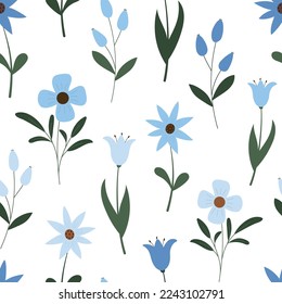 Spring floral seamless pattern with cute blue color meadow flowers. Isolated on white background. Design for wallpaper, textiles.