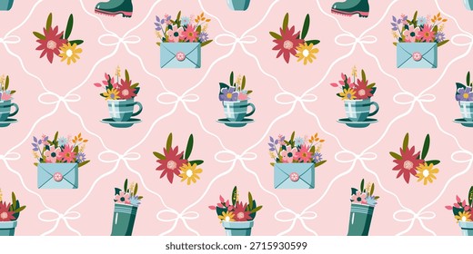 Patrón floral de primavera sin fisuras con lindos ramos en tazas, sobres y botas de goma. Ilustración de jardín pastel para Fondo de pantalla, tela, papel de regalo, papelería y fondos decorativos modernos.