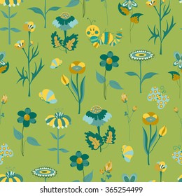 Spring floral seamless pattern. Cute vector background with flowers and funny animals. For wallpaper, scrapbooking, fabric prints, greeting cards, baby shower design, invitations, calendars, etc. 