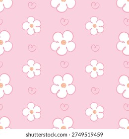 Spring floral seamless pattern with daisies and hearts on soft pink background for fabric, textile print, wrapping paper and decorative design